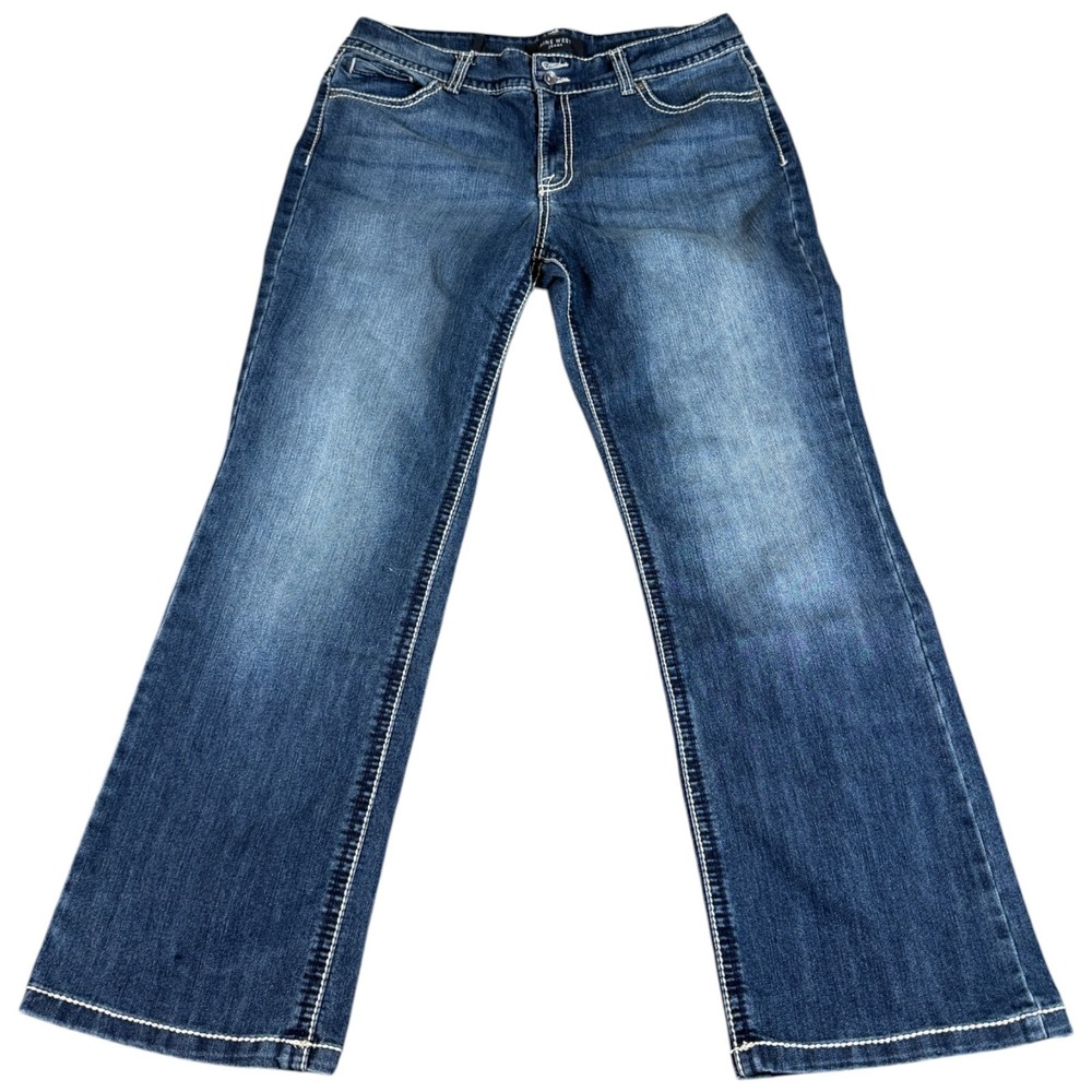 Nine West Bootcut Jeans Womens 14/3 Blue Denim Embroidered Logo Rhinestone